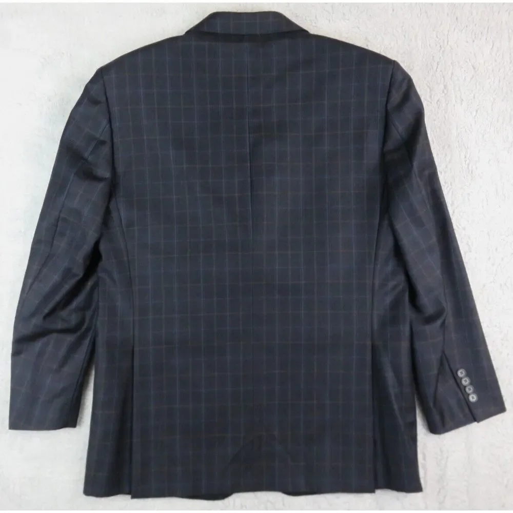 Mens Faconnable Sport Coat Jacket 3 Button 44R‎ Blue Brown Windowpane Wool Lined
